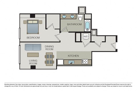 Floor plan for 1 bed, 1 bath, 752 sqft